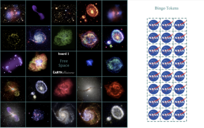 This is an image of one of the bingo boards, showing 25 spaces with different astronomical images and bingo tokens.