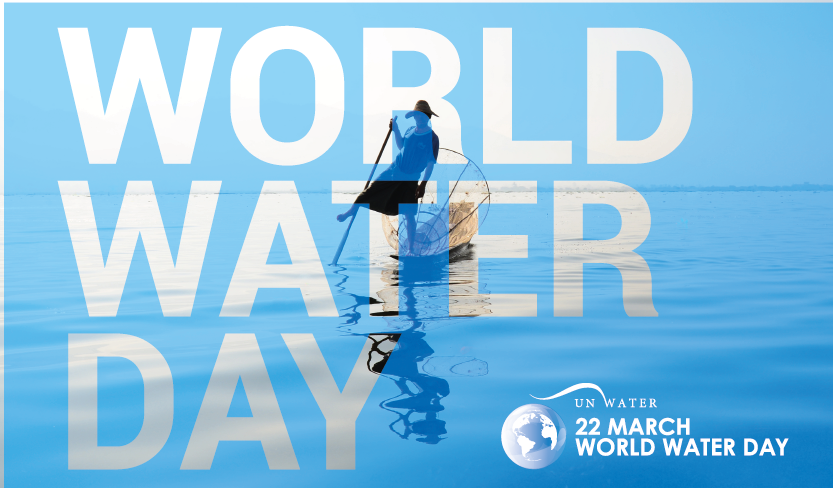 Image of person in front of water with the words World Water Day overlaid as text