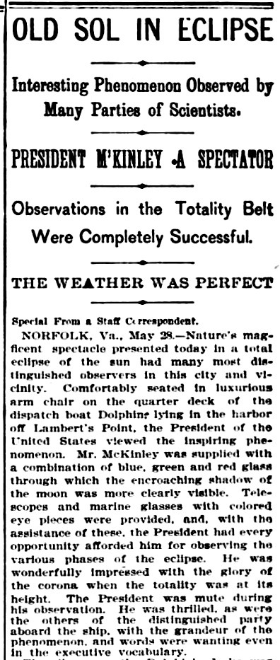 e president, on a boat, is described watching the eclipse through colored glass and being “wonderfully impressed with the glory of the corona” at totality.