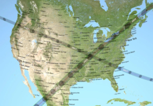Map of the United States with lines crossing the country indicating the path of totality for the 2017 and 2024 solar eclipses.
