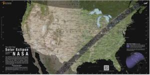 Map of the United States with diagonal line going from Mexico up towards Cape Cod, indicating the path of totality for the 2024 solar eclipse